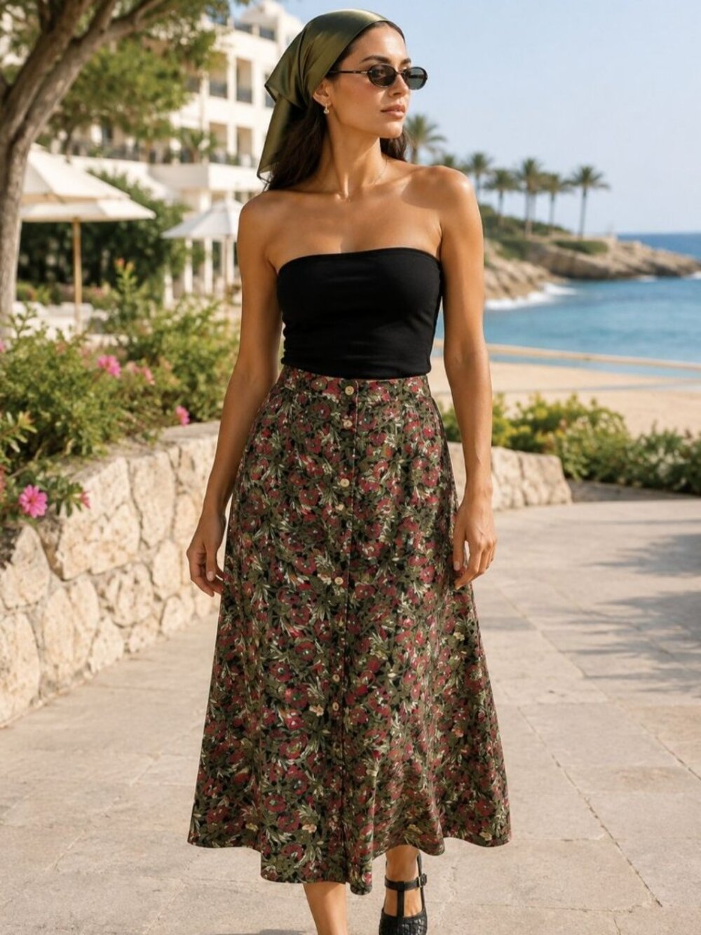 VTG Y2K Casual Corner M/L Dark Floral Midi Skirt Button Front A line Made USA